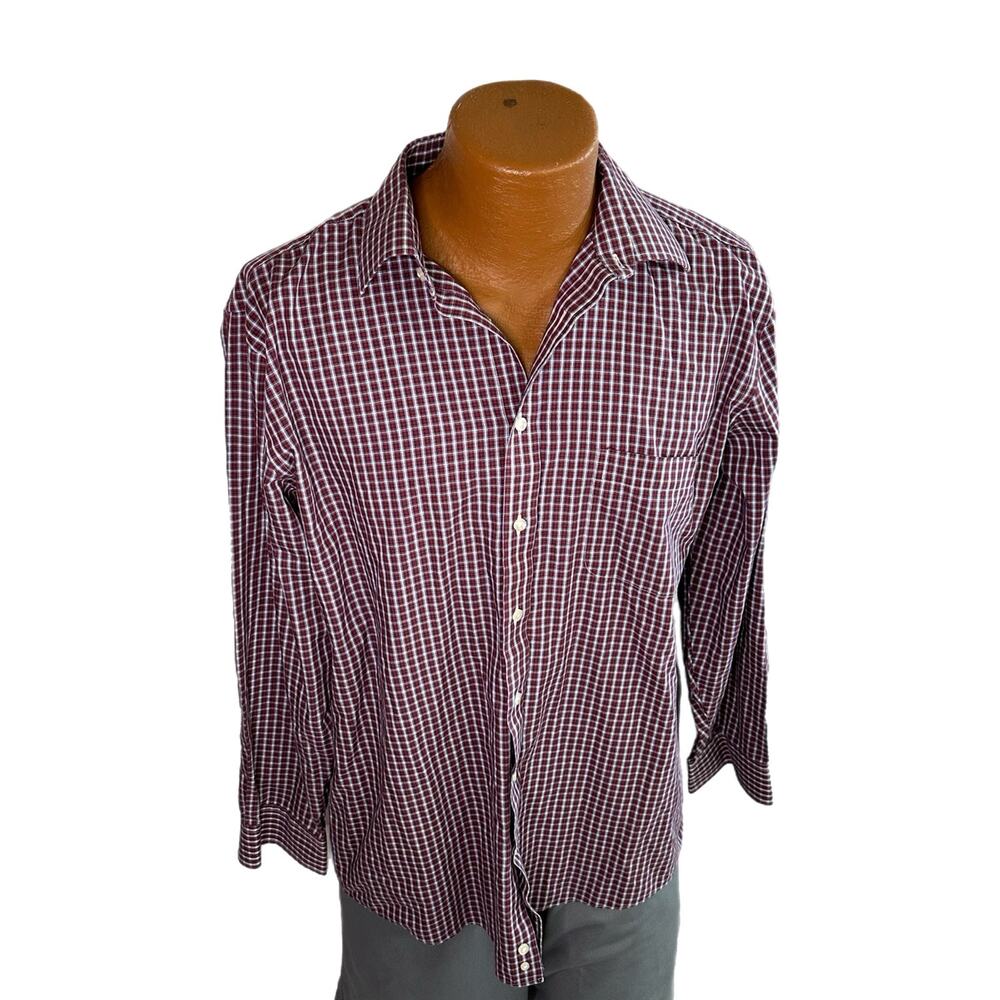 Stafford Maroon & Blue Checkered Button Down Regular Fit Shirt, Large, Pre-owned